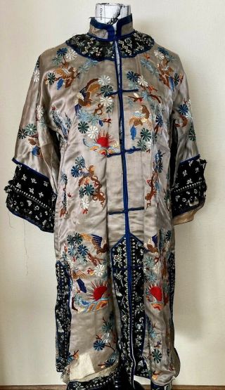 Vintage Chinese 1920s Silk Robe Coat Hand - Embroidered Med Frog Closures