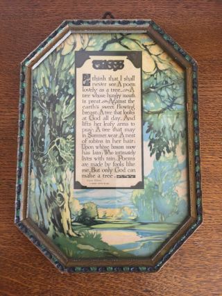 Vtg 1925 Beautifully Framed Buzza Motto Art Deco Print Joyce Kilmer " Trees " Poem