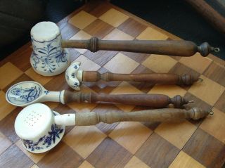 Antique Meissen Blue Onion Porcelain Utensils Wooden Handles Ladle Masher Strain