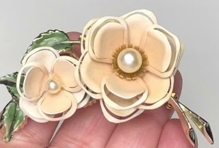Vintage Enamel Flower Spray Brooch Pin W/ Faux Pearl Accents