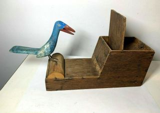 Vtg Bird Matchstick Holder Pick Up Mechanical Folk Art Wood Hand Made Decor