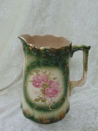 Fancy Antique Vintage Pitcher Green And Cream Pink Roses 8 3/8 " Tall
