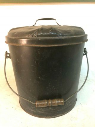 Vintage Black Metal Ash Bucket Lid Wood Handle Fire Pits Wood Stove Fireplace