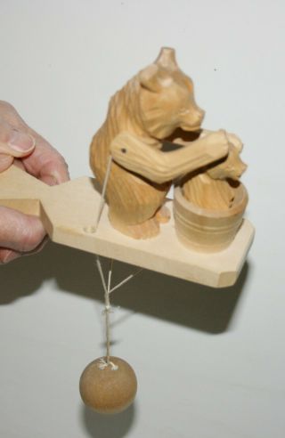 Vintage Wooden Folk Art Toy,  Bear Washing Cub In Tub,  1 3/4 " X 5 1/2 "
