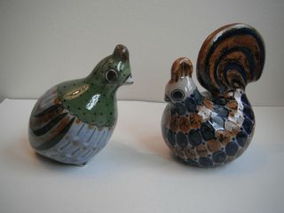 Vintage Tonala Rooster & Hen Ceramic Mexican Pottery Bird Figurine Signed Folk