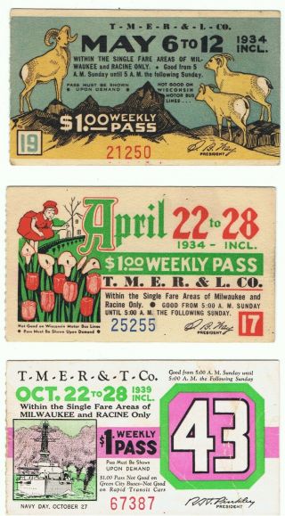 Railway Tram Tickets U S A,  3 No.  Milwaukee Electric Railway & T C,  Weeklys,  34/41