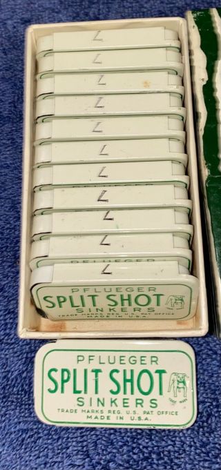 Vintage BOX with 12 full PFLUEGER Split Shot Sinkers in Tins - Fishing No.  1816 2
