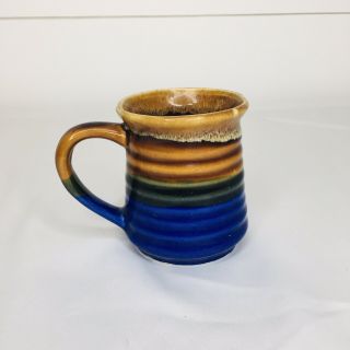 Vintage Stoneware Coffee Mug Blue Brown Ceramic Porcelain Ribbed