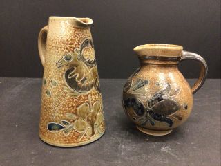 2 Vintage Signed Salt Glazed Art Pottery Pitchers Jug Vase Deer Chicken