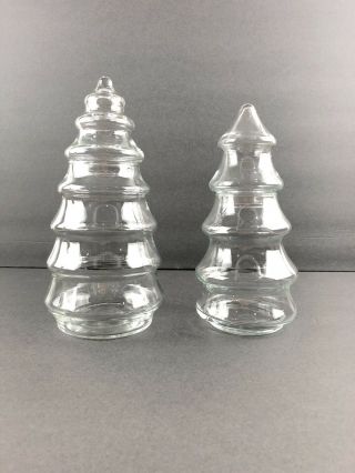 2 Vtg Clear Glass Christmas Tree Apothecary Jar Candy Treat Holders 8”and 9”