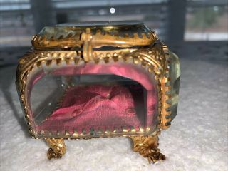 Antique French Jewelry Casket,  Gold Ormolu,  Thick Beveled Glass,  Cushion