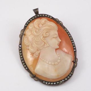 Vintage 800 Silver Cameo Silhouette Antique Pendant Brooch Pin Sterling Lfj4