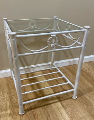 Vintage Metal Glass Top Decorative Side/end Table White With,  Gold Accents