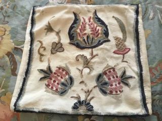 Vintage Crewel Work Pillow Cover Embroidered Handmade Florals For Display