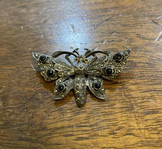 Vintage Sterling Silver With Marcasite And Onyx Butterfly Brooch Pin Marked