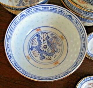 Vtg Chinese Rice Eyes Porcelain Blue Dragon Rice Bowls And Spoons - Set of 5 2