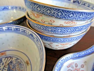 Vtg Chinese Rice Eyes Porcelain Blue Dragon Rice Bowls And Spoons - Set of 5 3