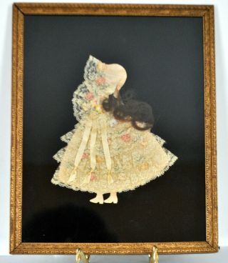 Antique Arts & Crafts Little Girl Picture Cloth Lace Ribbon Human Hair Framed