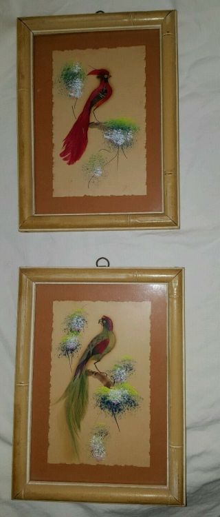 Antique vintage framed art,  real bird feathers bamboo oriental 2