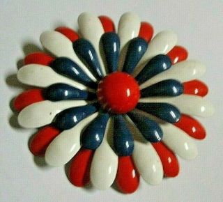 Large Vintage Red,  Blue & White Enamel Painted Flower Pin