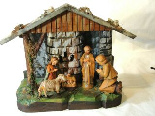 Vtg Hand Carved Wood Nativity Music Box Silent Night Jesus Mary Joseph Sheep
