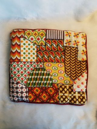 Vintage Handmade Needlepoint Pillow Cover 14x14 Orange Yellow Multi Pattern B2