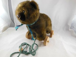 Vintage 1986 Applause Plush Teddy Bear On Wheels Pull Toy Brown 10 "