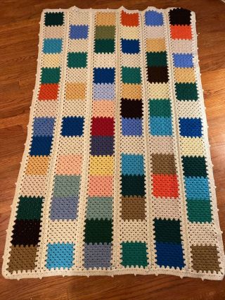 Vintage Handmade Crochet Afghan Blanket Multi Color Squares 41”x64”