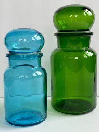 Set Of 2 Vintage Belgium Glass Apothecary Jars Bubble Top,  S 1 Blue,  1 Green