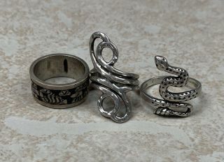 3 Authentic Vintage Sterling Silver Southwestern Native Rings Size 4.  5 - 9.  25