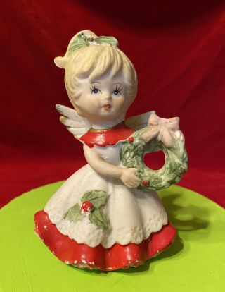 Christmas Holiday Vintage Porcelain Blond Girl Angels Figurine Holding Wreath