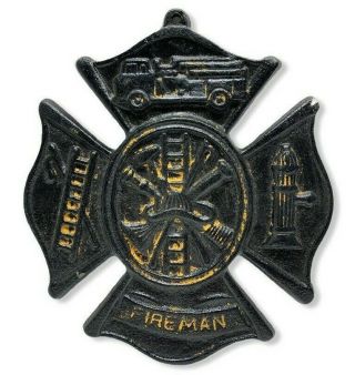 Vintage Fireman Plaque Maltese Firefighter Cross,  Cast Iron Sign 8 " X 9 " - - - - (s)