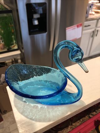 Bright Blue Vintage Hand Blown Swan Bowl Center Piece Art Glass Shelf Decor