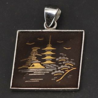Vtg Sterling Silver - Japan Amita Damascene Pagoda Square Pendant - 3g