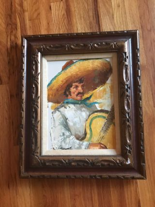 Authentic Lounguet Vintage Mexican Sombrero And Guitar Painting Oil On Canvas