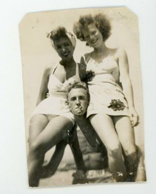 Beach Fun - Guy Holding Two Sexy Ladies In Bathing Suits Vintage Snapshot Photo