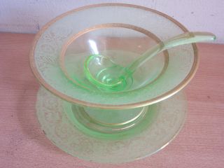 Antique Cambridge Green Depression Glass Etched,  Gold Rim Mayonnaise Bowl,  Spoon