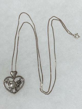 Vintage Signed Sterling Silver Bird And Heart Charm Necklace