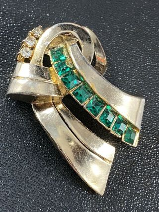 Coro Signed Art Deco Vintage Brooch Pin 1.  5”green Crystal Rhinestones Lot3