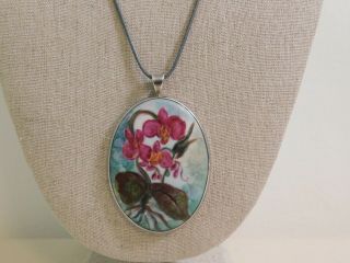 Vintage Sterling Silver And Porcelain Pendant On Leather Chain