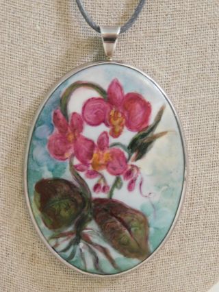 Vintage Sterling Silver and Porcelain Pendant on leather chain 2