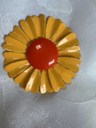 B39 - Vintage Large 2.  5 " Enamel Orange Yellow Daisy Flower Brooch Pin Jewelry