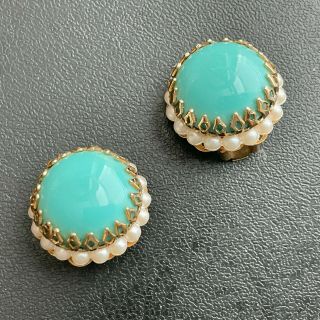 Vintage Turquoise Glass Flower Seed Pearl Retro Gold Tone Clip Earrings 911
