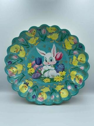 Vintage 1960’s Easter Bunny Rabbit 10” Plastic Bowl Tray Blue Scalloped Edges