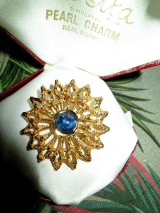 Charming Vintage Goldtone And Blue Mottled Glass Stone Flower Scarf Ring