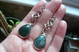 Vintage Scottish Moss Agate And Silver Celtic Knot Drop Earrings