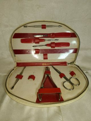 Vintage German Austrian Manicure Set White Leather Case 1960s