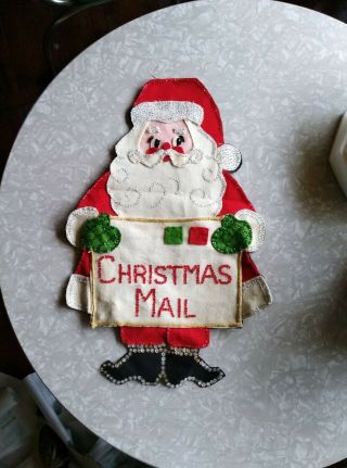 Vintage Felt Hand Made Bead And Sequin Santa Christmas Card Holder