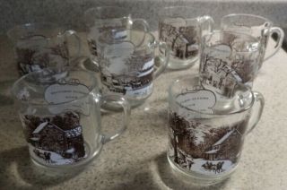 Antique Glass Currier And Ives Mugs - Set Of 8 - Vintage Glass Mugs
