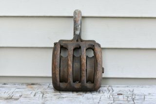 Antique Vintage Triple Block & Tackle Rope Pulley Wood And Iron W/ Hook